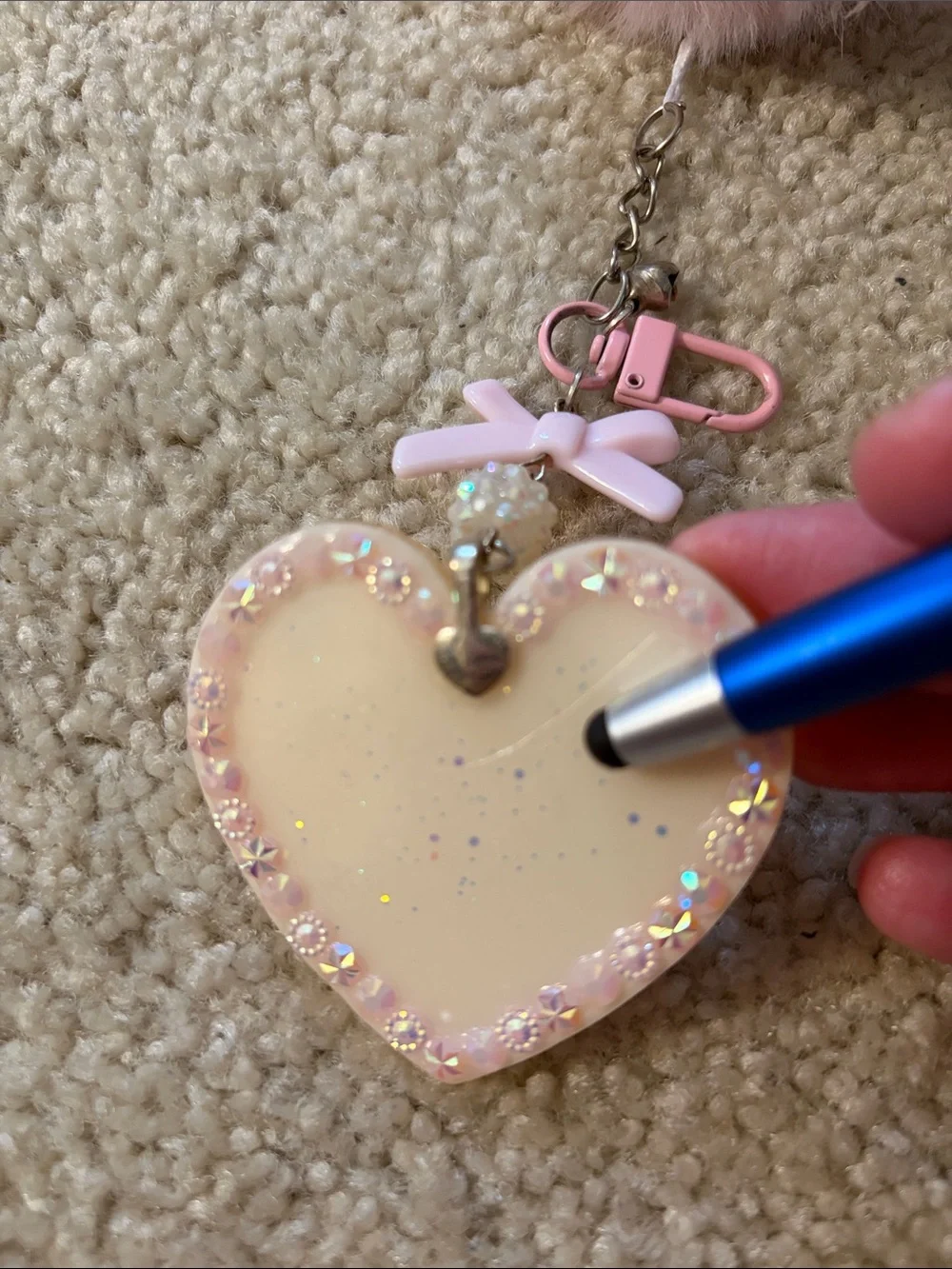 Pink Pom Pom Heart Shaped Resin Keychain with Cute Bears